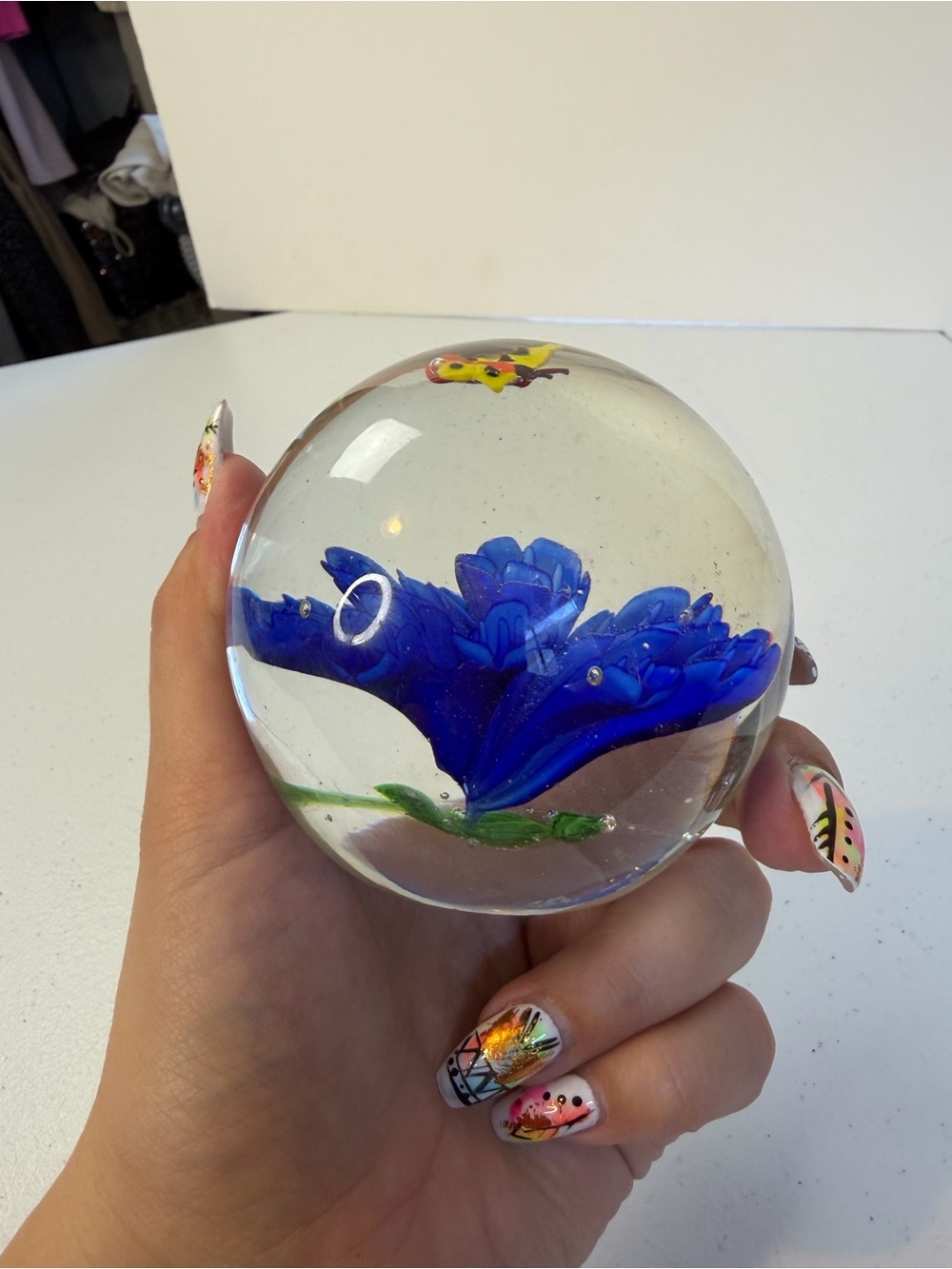 Art Glass Paperweight Blue Flower Butterfly Controlled Bubble Orb Sphere Decor - Picture 2 of 7